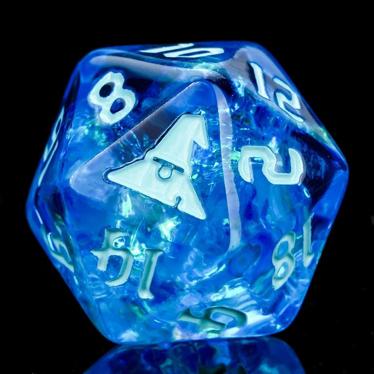 Kickstarter Halloween Trickster Dice - Blue Resin DND D20 Dice with Witch Design, Gold Foil Included, and Blue Numbers | Bear Dice