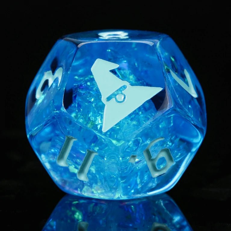 Kickstarter Trickster Dice - Kickstarter Blue Resin DND D12 Dice, engraved with a witch design, blue numbers | Bear Dice