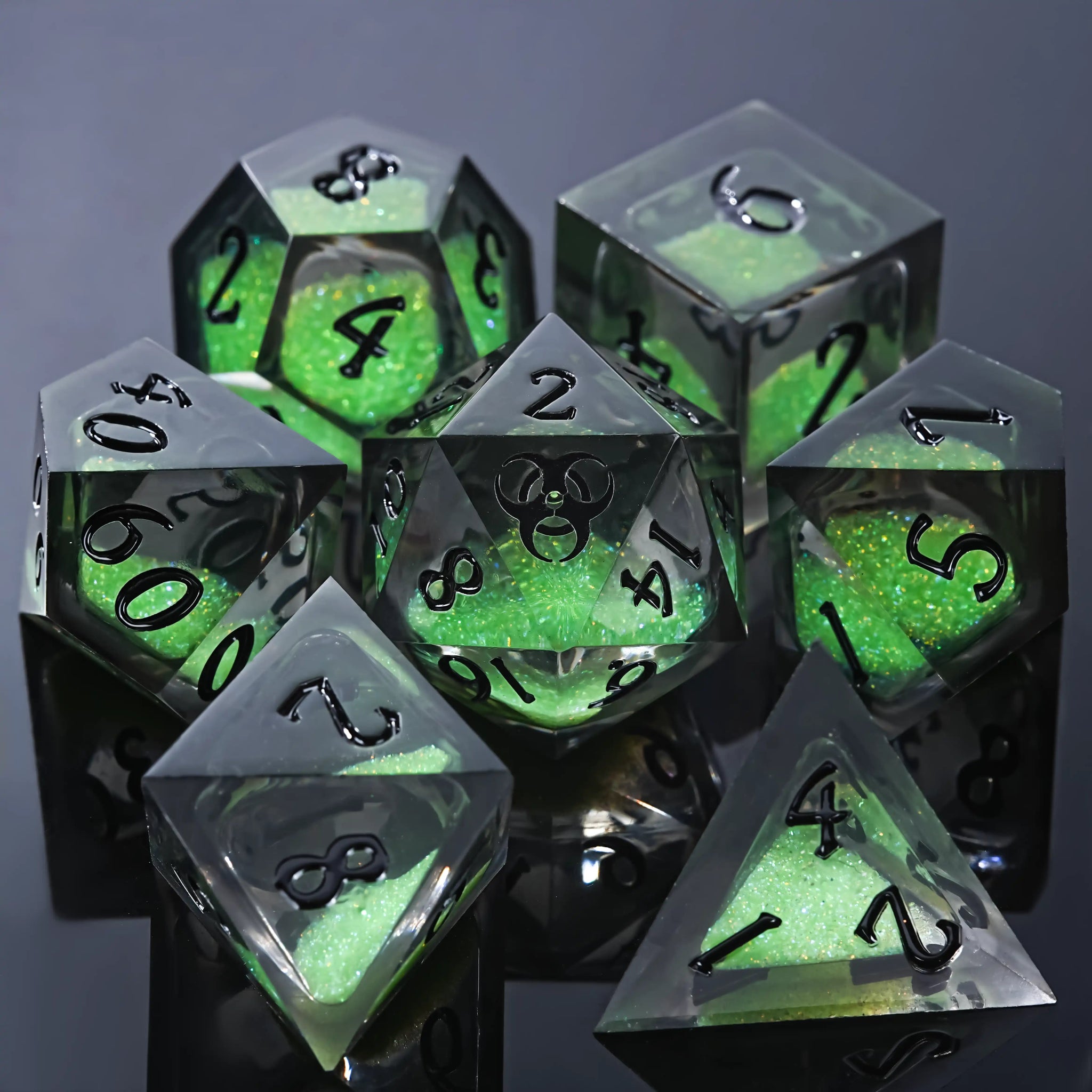 Kickstarter Dice - Plague Elixir Green Liquid Core Resin D&D Dice Set with Black Font | Bear Dice
