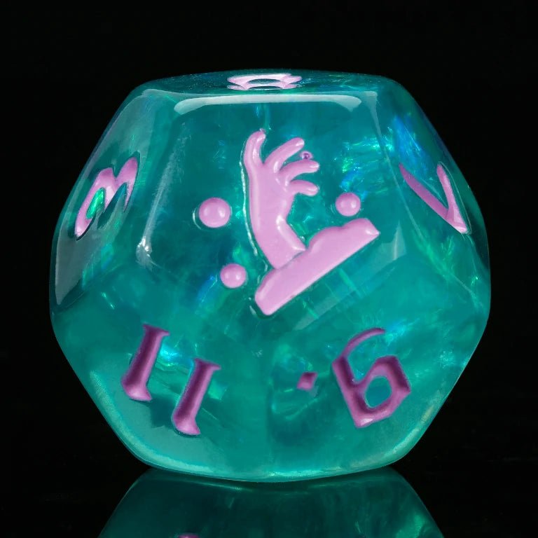 Kickstarter Trickster Dice - Kickstarter Green Resin DND D12 Dice, engraved with a hand emerging from the ground as the zombie resurrects, purple numbers | Bear Dice