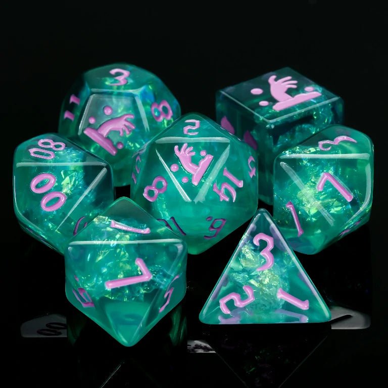 Kickstarter Halloween Trickster Dice - Kickstarter Green Resin DND Dice Set, engraved with a hand emerging from the ground as the zombie resurrects, purple numbers | Bear Dice