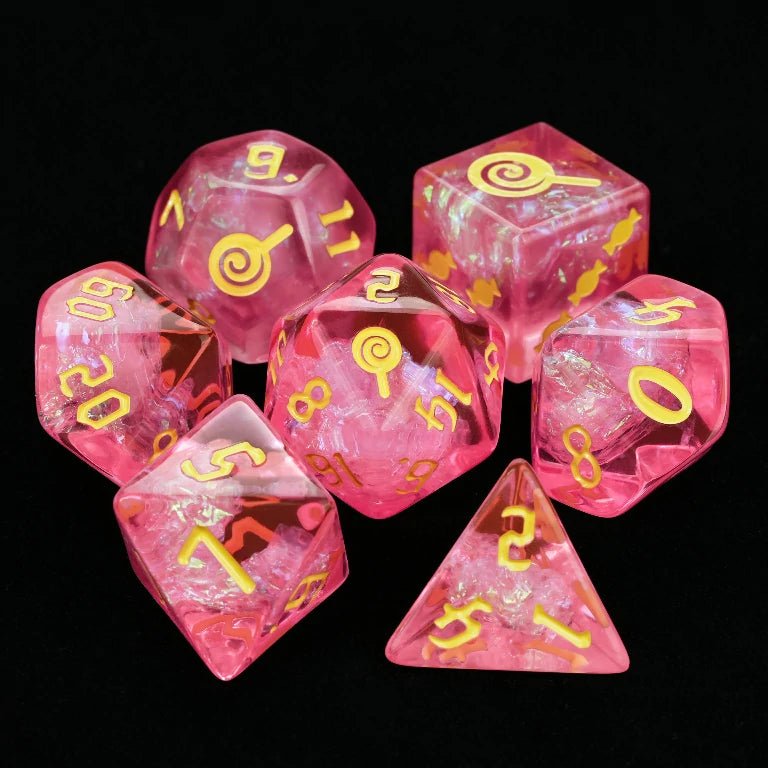 Kickstarter Halloween Trickster Dice - Kickstarter Pink Resin DND Dice Set, Engraved Lollipop Pattern, Yellow Numbers | Bear Dice