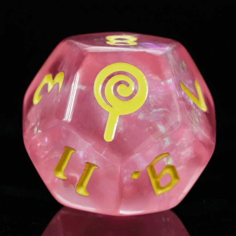 Kickstarter Trick or Treat Dice - Kickstarter Pink Resin DND D12 Dice, Engraved with Lollipop Design, Yellow Numbers | Bear Dice
