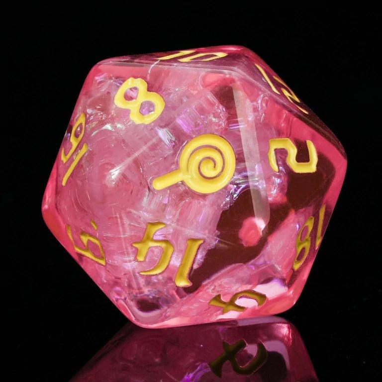 Kickstarter Trick or Treat Dice - Kickstarter Pink Resin DND D20 Dice, Engraved Lollipop Design, Yellow Numbers | Bear Dice