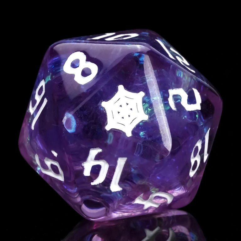 Kickstarter Trickster Dice - Kickstarter Purple Resin DND D20 Dice, Engraved Spiderweb Pattern, White Numbers | Bear Dice