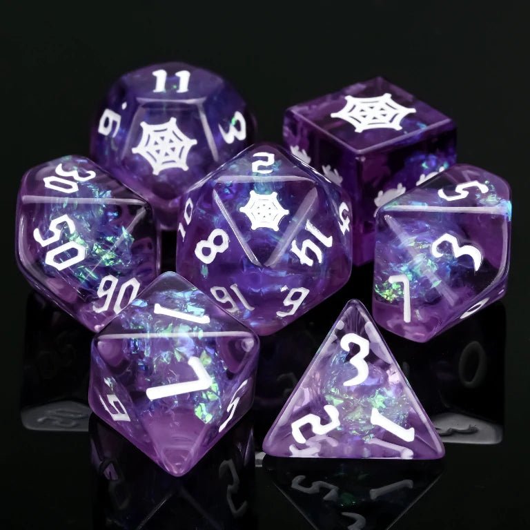 Kickstarter Halloween Trickster Dice - Kickstarter Purple Resin DND Dice Set, Engraved Spiderweb Design, White Numbers | Bear Dice