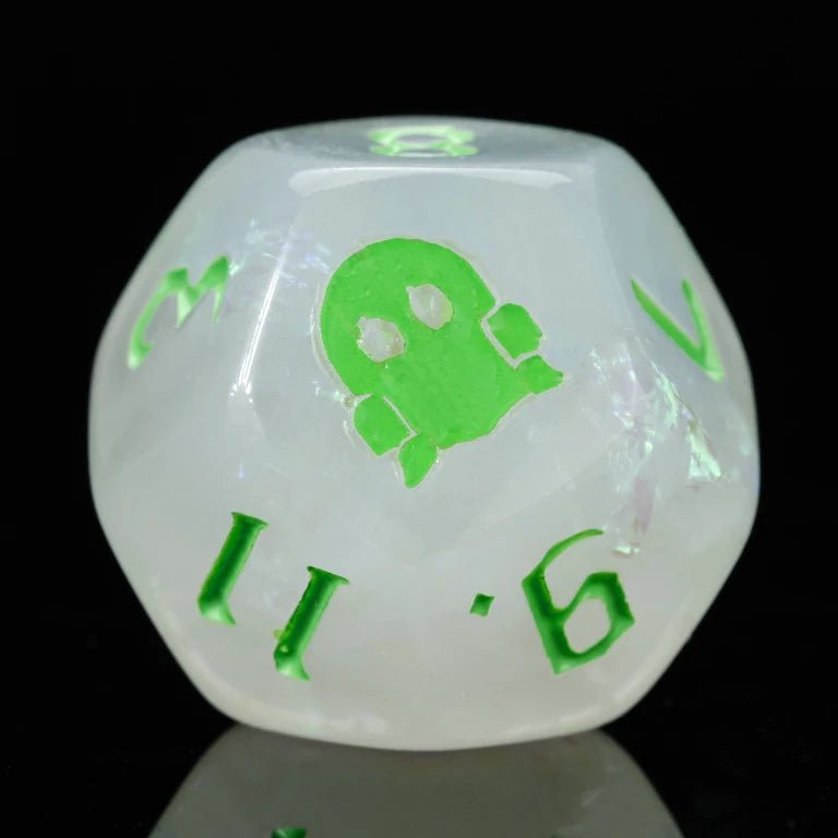 Trickster Dice - Kickstarter White Resin DND D12 Dice, engraved with ghost flame design, green numbers | Bear Dice