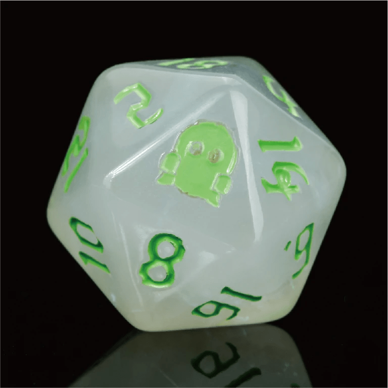 Kickstarter Halloween Trickster Dice - White Resin DND D20 Dice, engraved with ghost flame design, includes gold foil, green numbers | Bear Dice