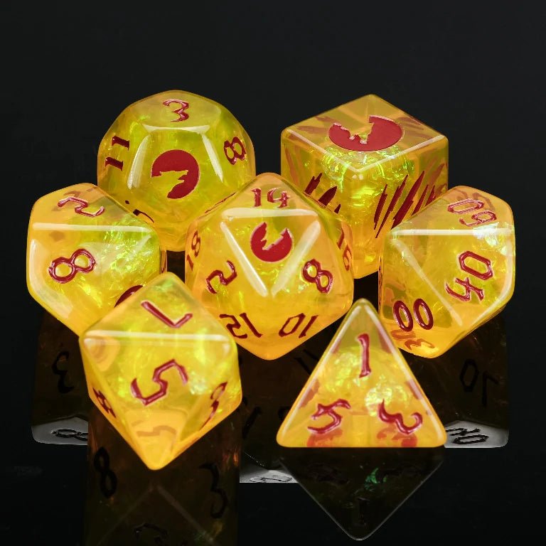 Kickstarter Halloween Trickster Dice - Kickstarter Yellow Resin DND Dice Set, Engraved with Blood Moon Design, Red Numbers | Bear Dice