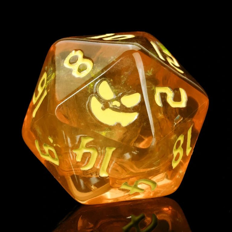 Halloween Trickster Dice - Yellow Resin DND D20 Dice, engraved with Pumpkin Jack design, includes gold foil, gold numbers | Bear Dice
