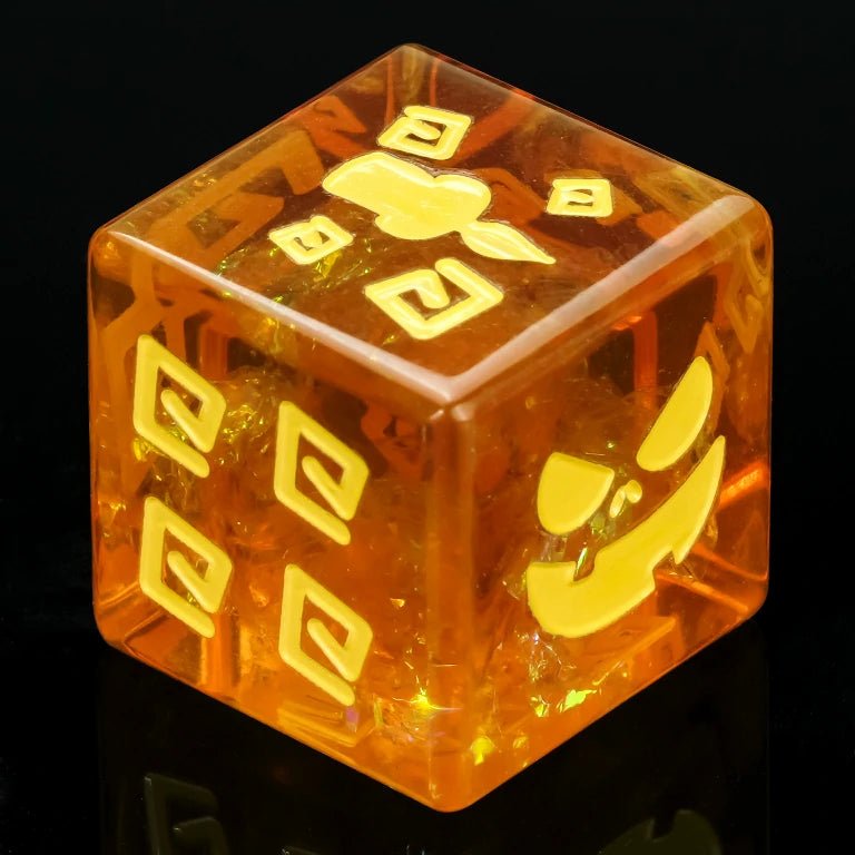 Halloween Trickster Dice - Yellow Resin DND D6 Dice, engraved with Pumpkin Jack design, contains gold foil, uses ghostly fire rings instead of numbers | Bear Dice