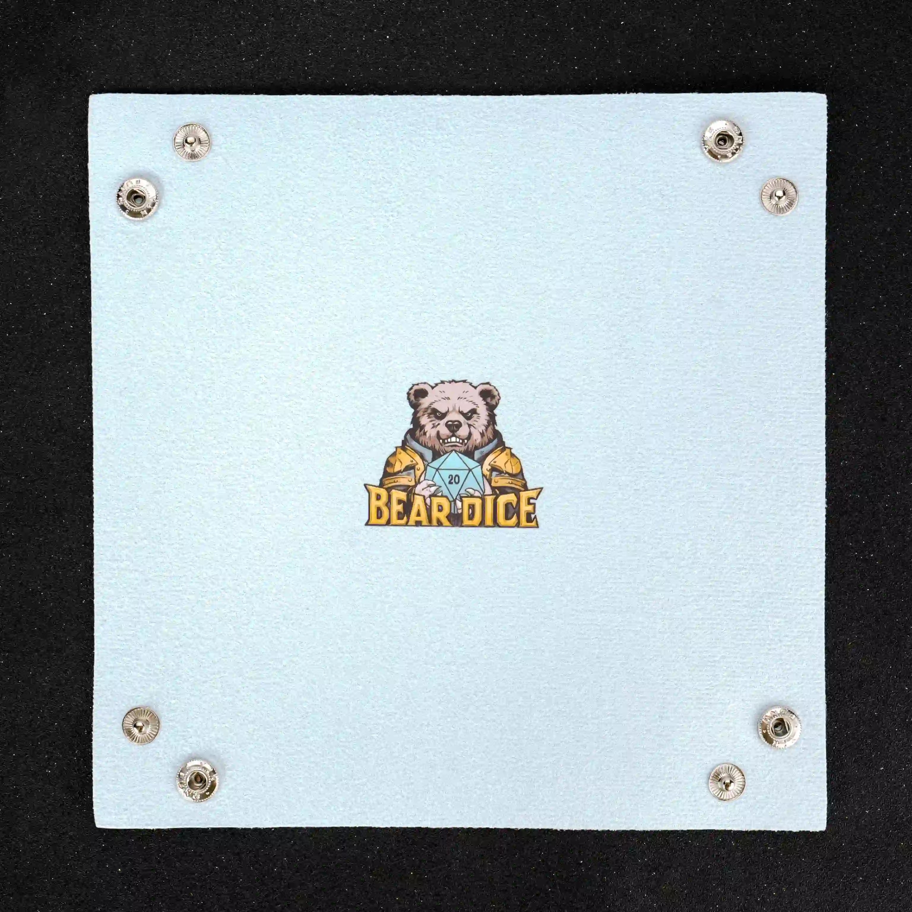 Light blue folding dice tray with  BearDice logo and snaps | BearDice