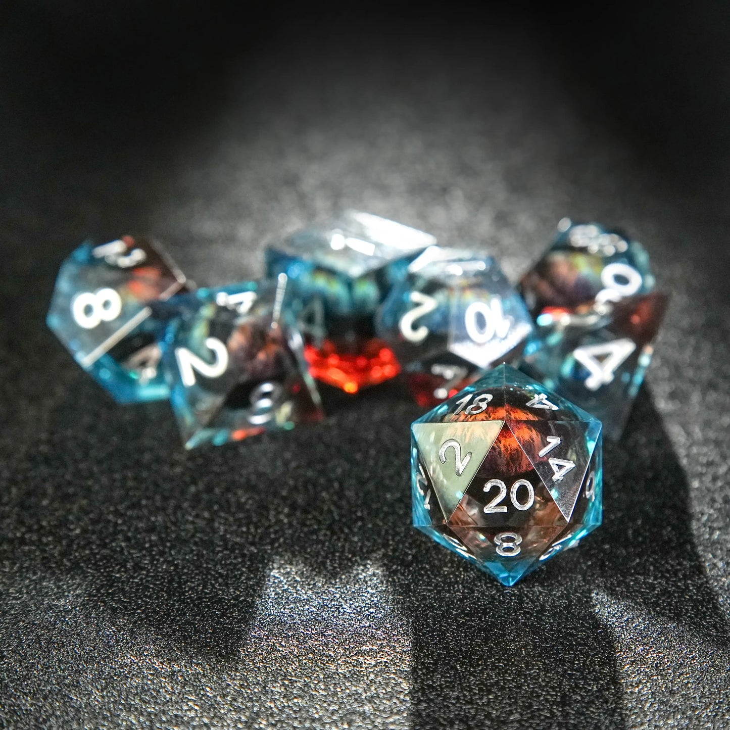 Blue and Red Transparent Liquid Core Dragon Eye Resin DND Dice Set+ Silver Numbers | Bear Dice