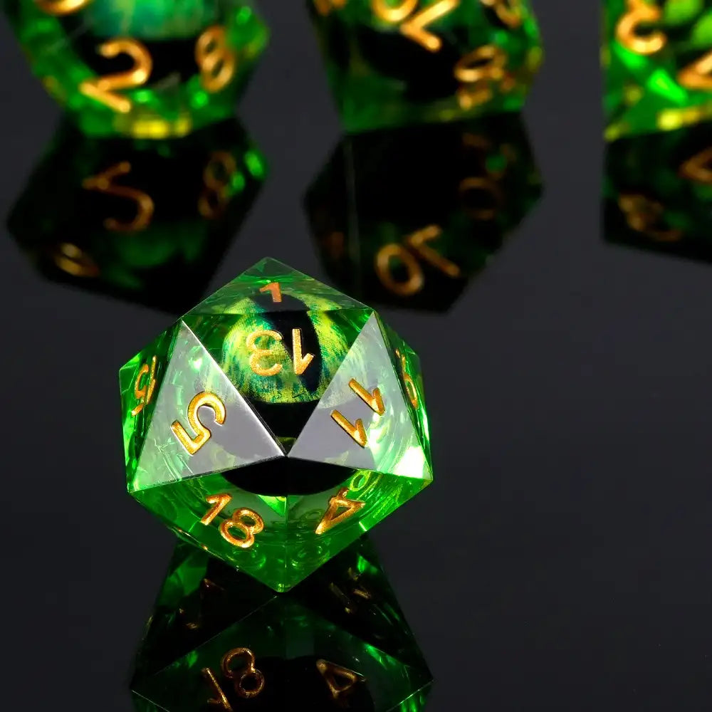 Green Sharp Edge Liquid Core Dragon Eye Resin DND D20 Dice + Gold Font | Bear Dice