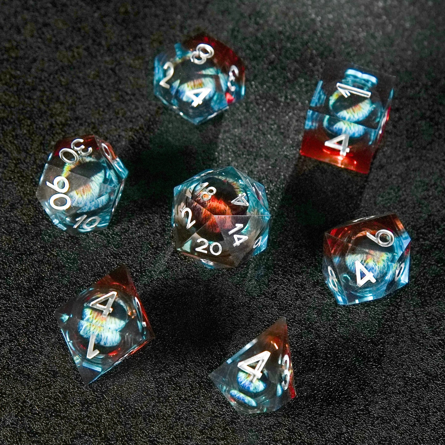 Blue and Red Transparent Liquid Core Dragon Eye Resin DND Dice Set+ Silver Numbers | Bear Dice