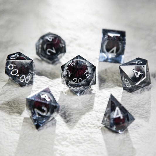 Black Resin Core DND Dice Set + Silver Font