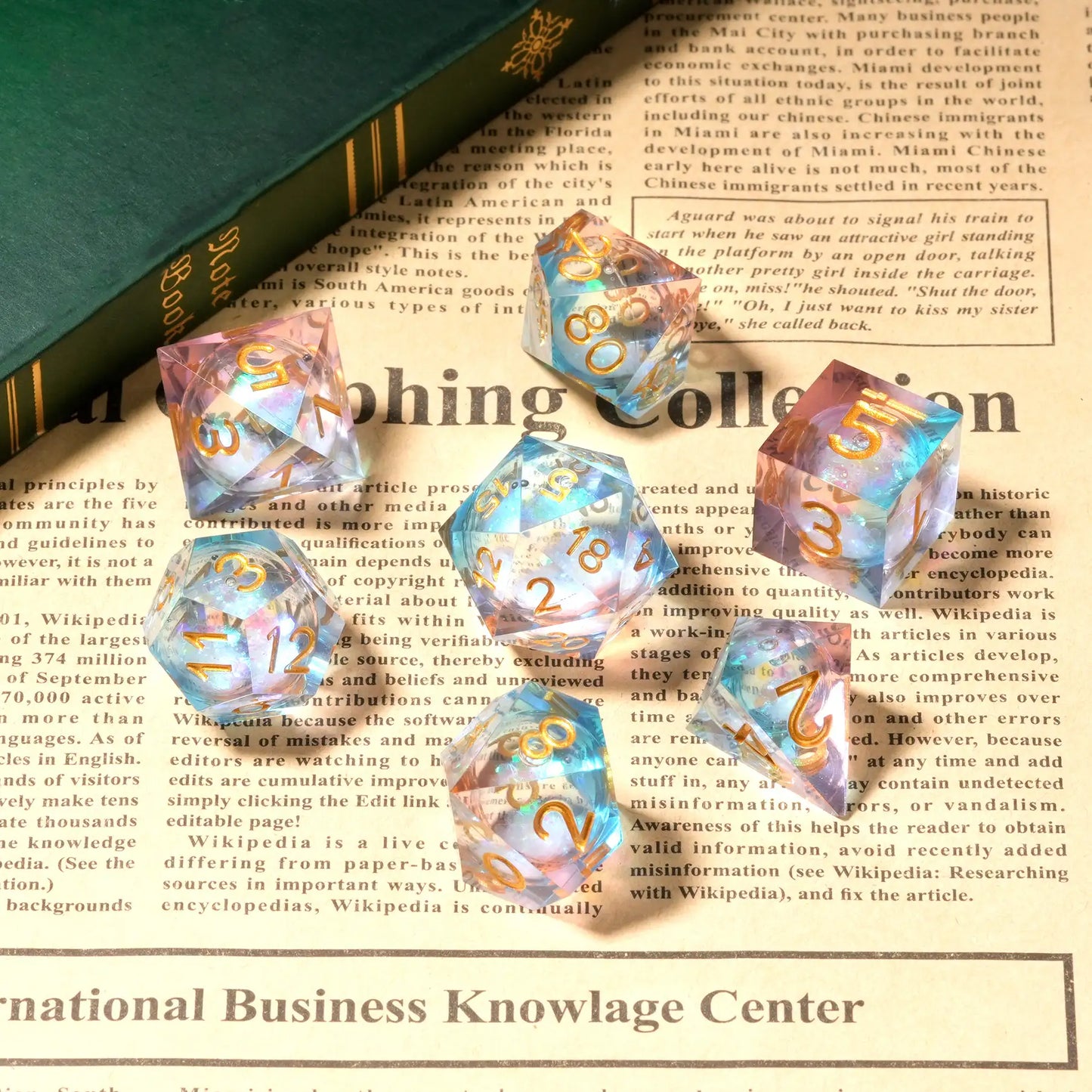 Clear Powder Blue Resin Dice Quicksilver Glitter with Inlaid Gold Lettering | Bear Dice