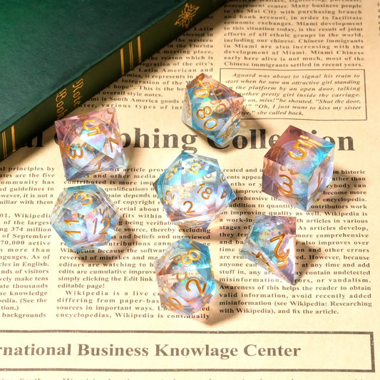 Clear Powder Blue Resin Dice Quicksilver Glitter with Inlaid Gold Lettering