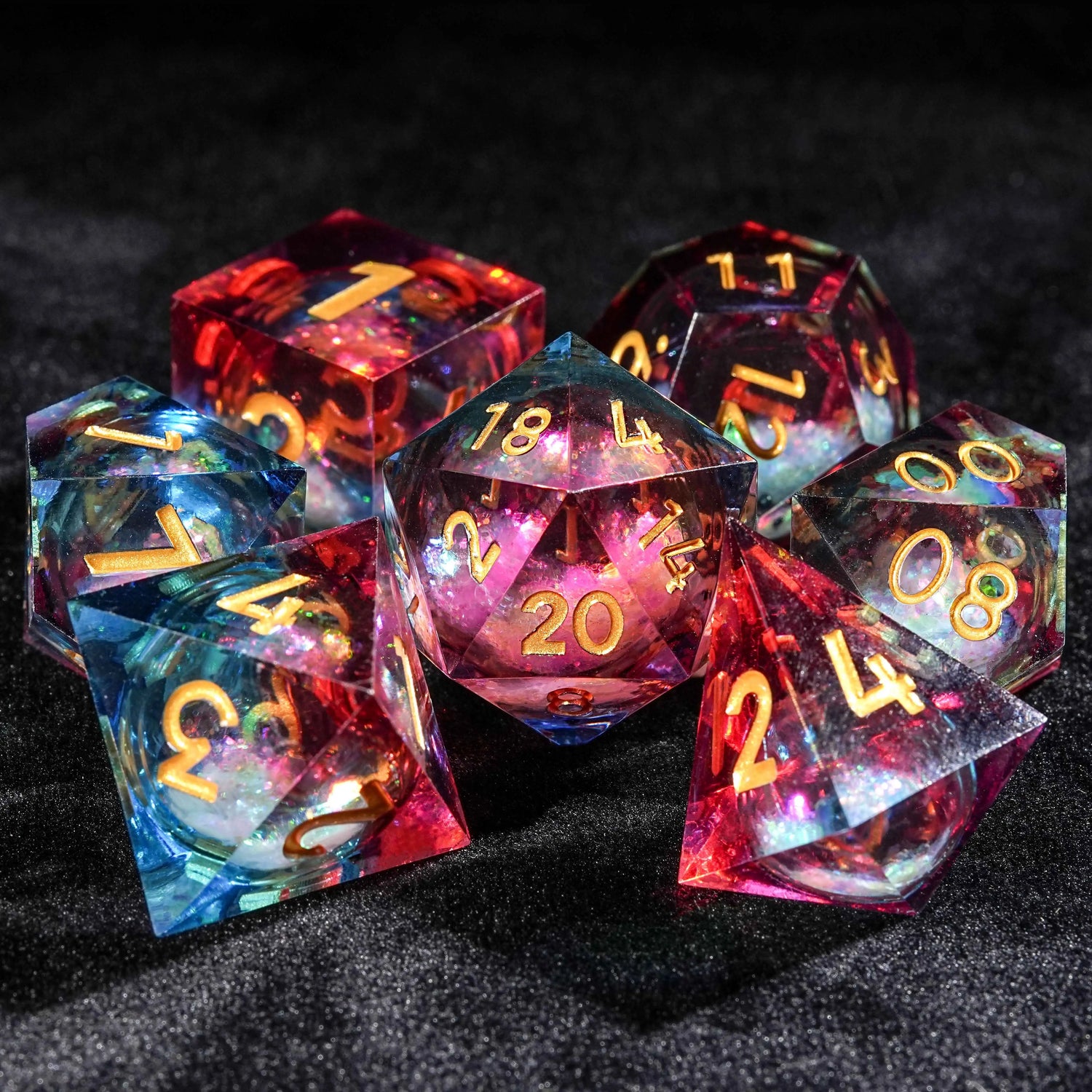 Colorful Glitter Core Quicksand Resin DND Dice Set + Gold Font | Bear Dice