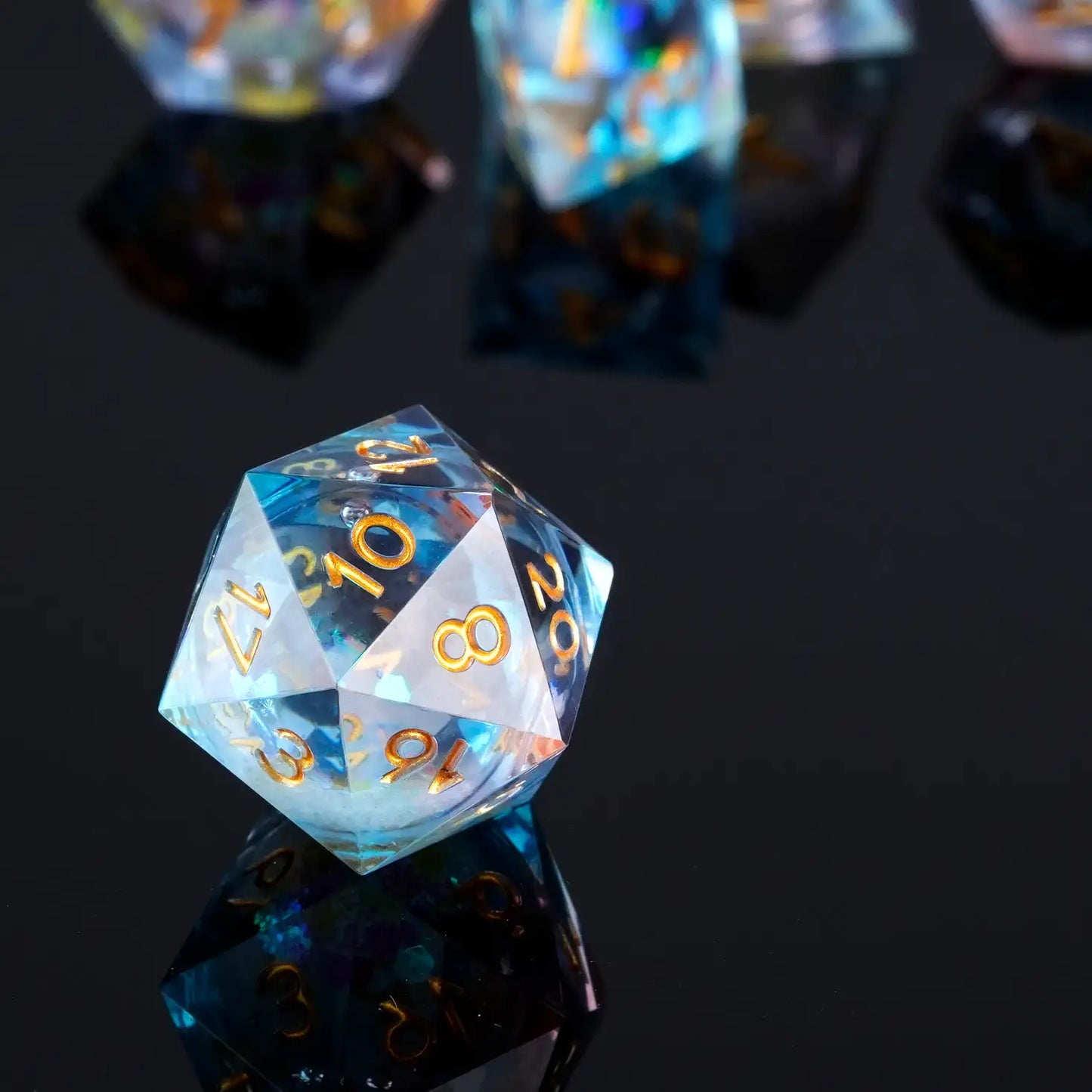 Clear Powder Blue Resin D20 Dice Quicksilver Glitter with Inlaid Gold Lettering | Bear Dice