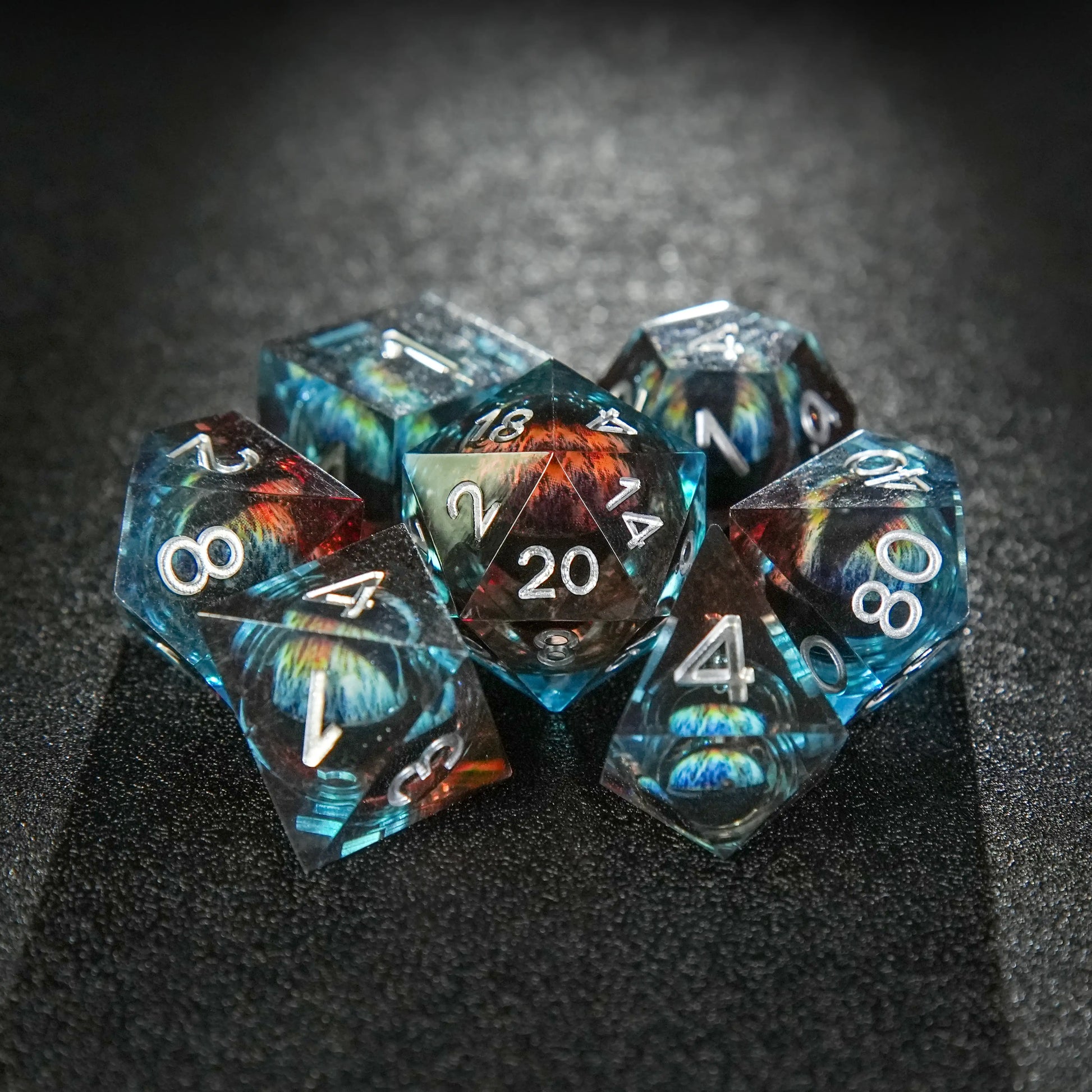 Blue and Red Transparent Liquid Core Dragon Eye Resin DND Dice Set+ Silver Numbers | Bear Dice