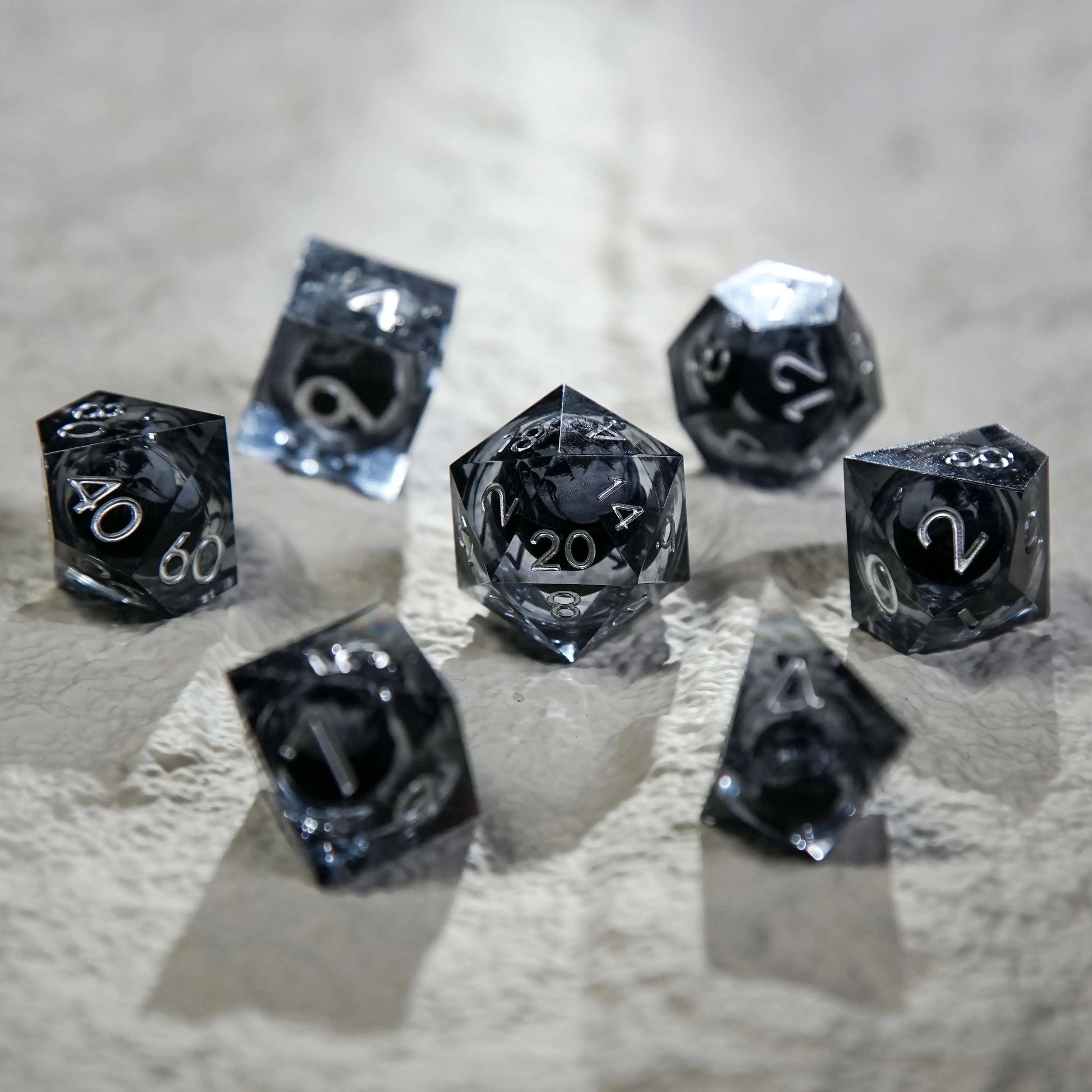 Dark Sorcerer's Skull Frame Liquid Core Resin Dice  Set + Silver Font | Bear Dice