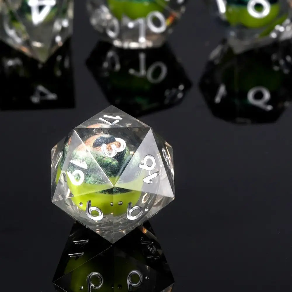 Green Crocodile Eye Core Resin DND D20 Dice  + Silver Font Transparency | Bear Dice