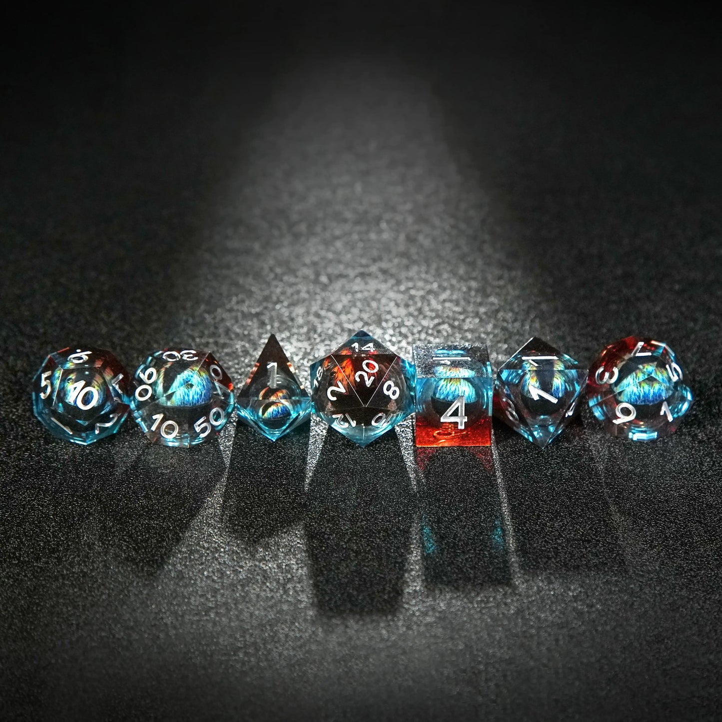 Blue and Red Transparent Liquid Core Dragon Eye Resin DND Dice Set+ Silver Numbers | Bear Dice