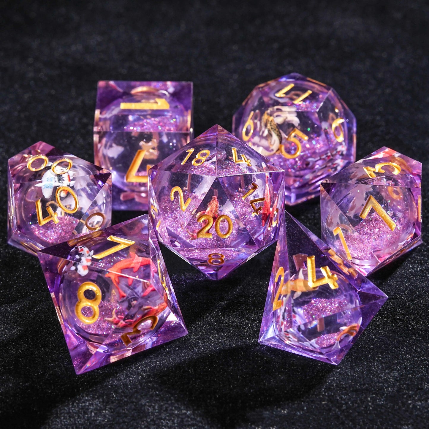 Koi sticker purple liquid core resin DND  dice set + gold font | Bear Dice