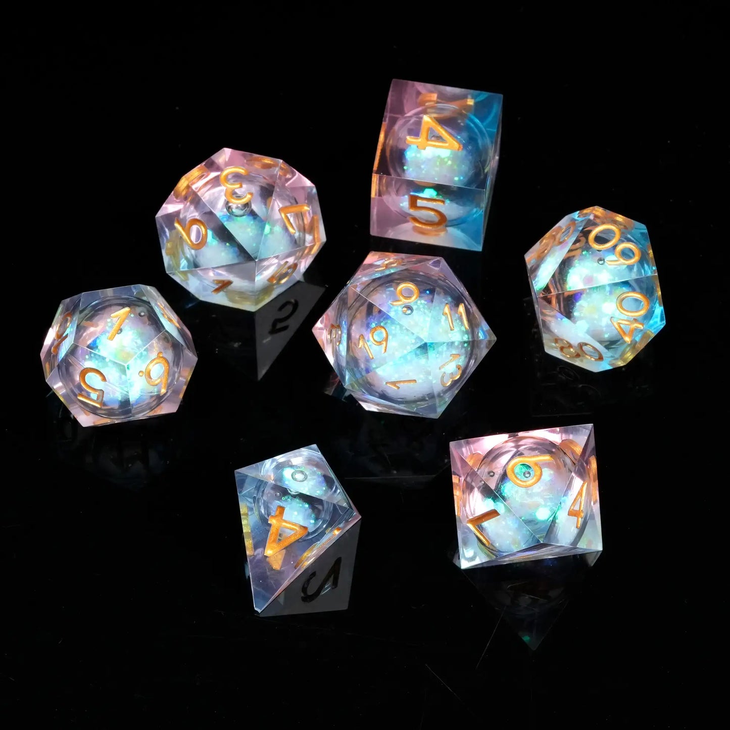 Clear Powder Blue Resin  Dice  Set Quicksilver Glitter with Inlaid Gold Lettering | Bear Dice