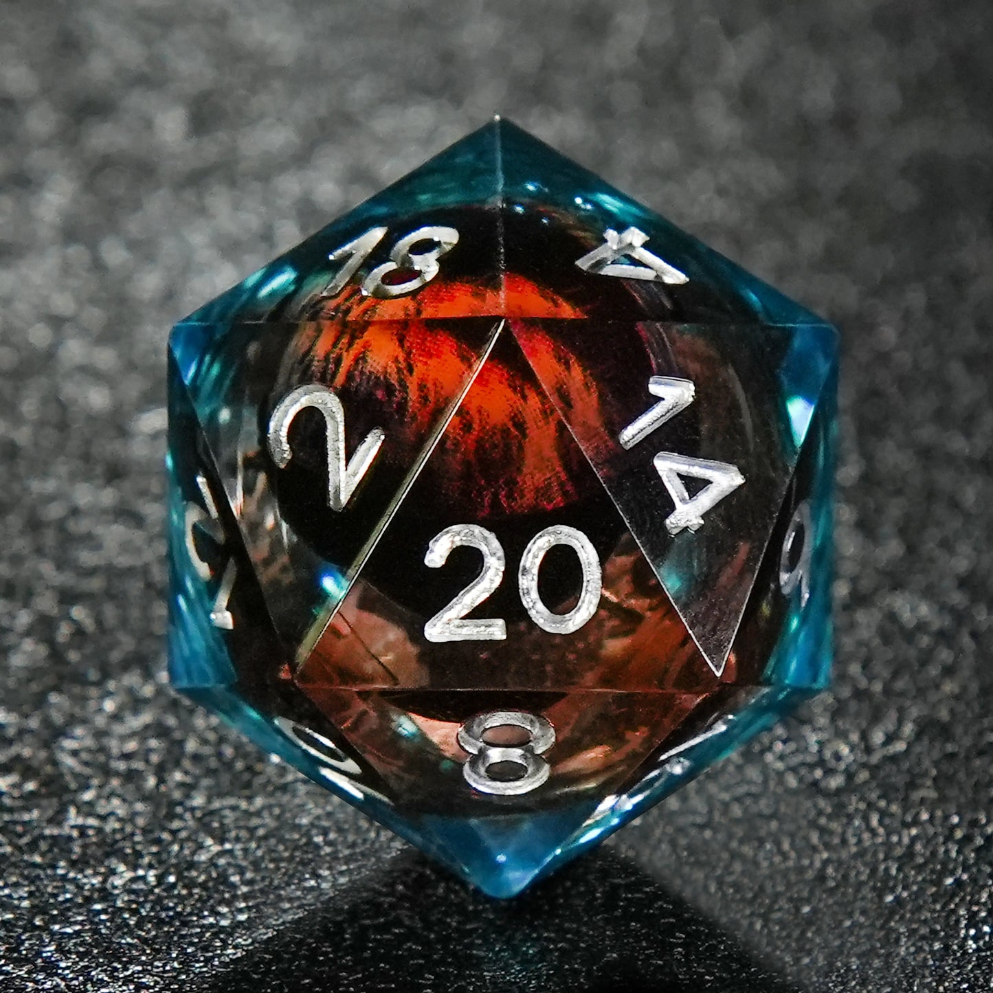 Blue and Red Transparent Liquid Core Dragon Eye Resin DND D20 Dice + Silver Numbers | Bear Dice