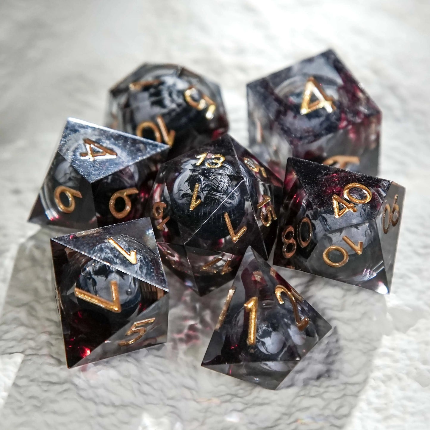 Blood Red Skull Core Resin DND Dice Set + Gold Font | Bear Dice