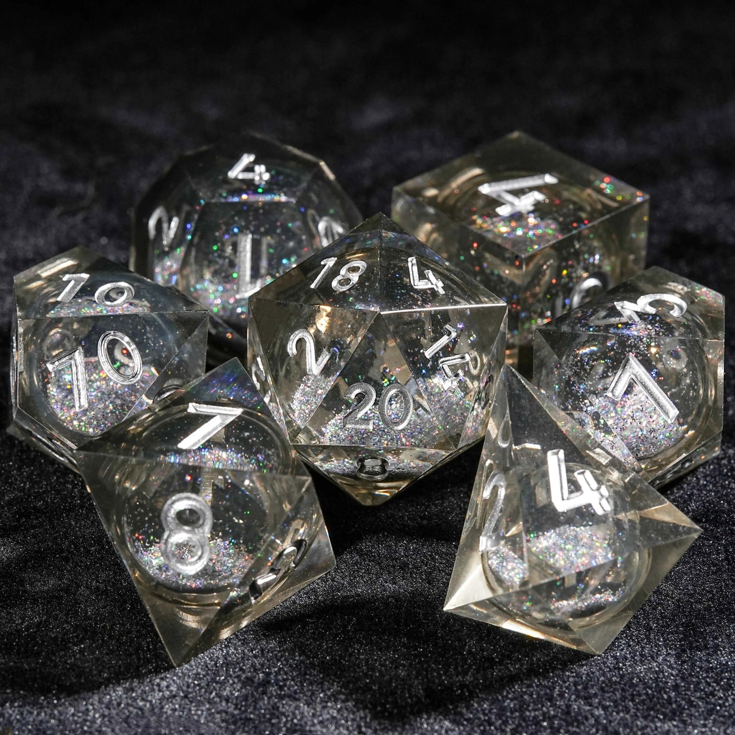 Gray Transparent Color Liquid Core Resin DND Dice Set + Silver Numbers | Bear Dice