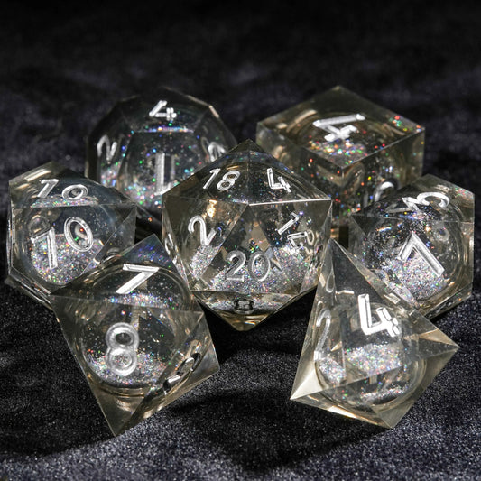 Gray Transparent Color Liquid Core Resin DND Dice Set + Silver Numbers