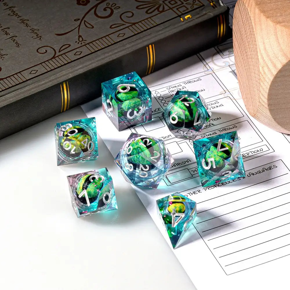 Green Dragon's Eye Liquid Core Blue and Purple Resin DND Dice Set + Silver Font | Bear Dice