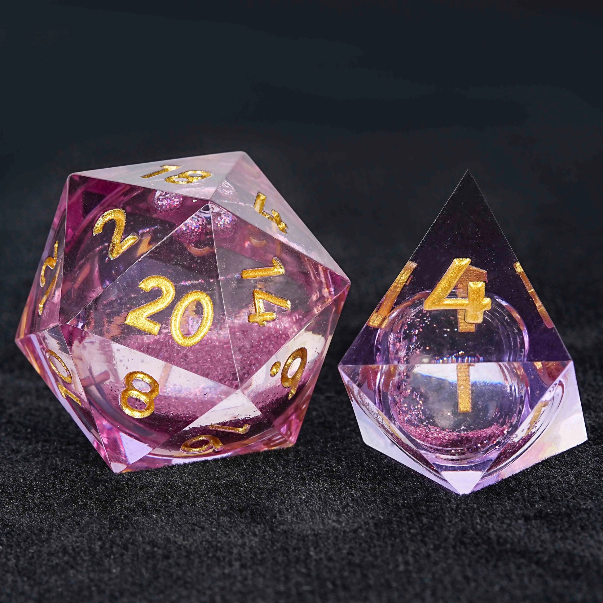 Sharp Edge Purple Quicksand Liquid Core Resin DND D4 Dice+D20 Dice + Gold Font | Bear Dice