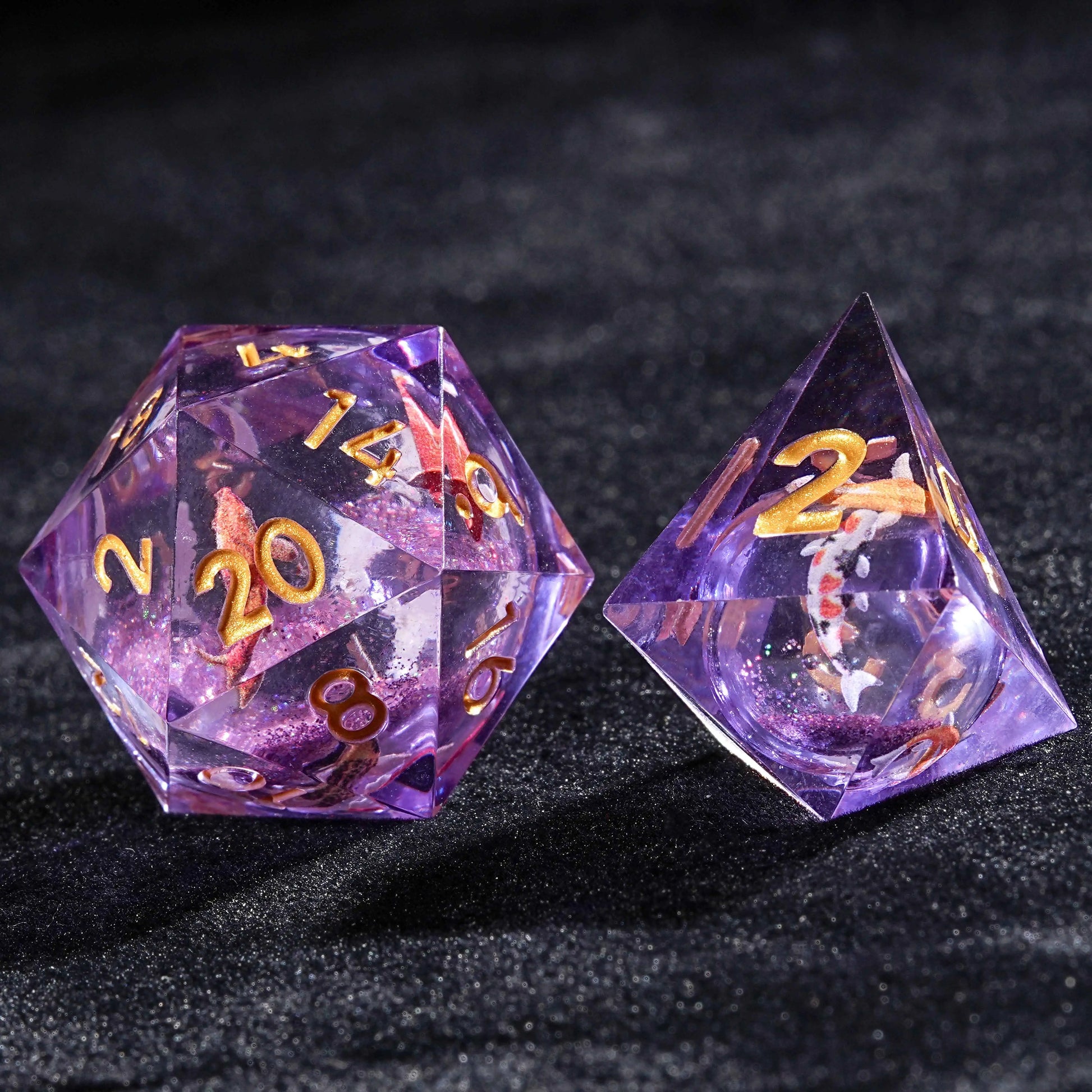 Koi sticker purple liquid core resin DND  D4 dice +D20 dice + gold font | Bear Dice