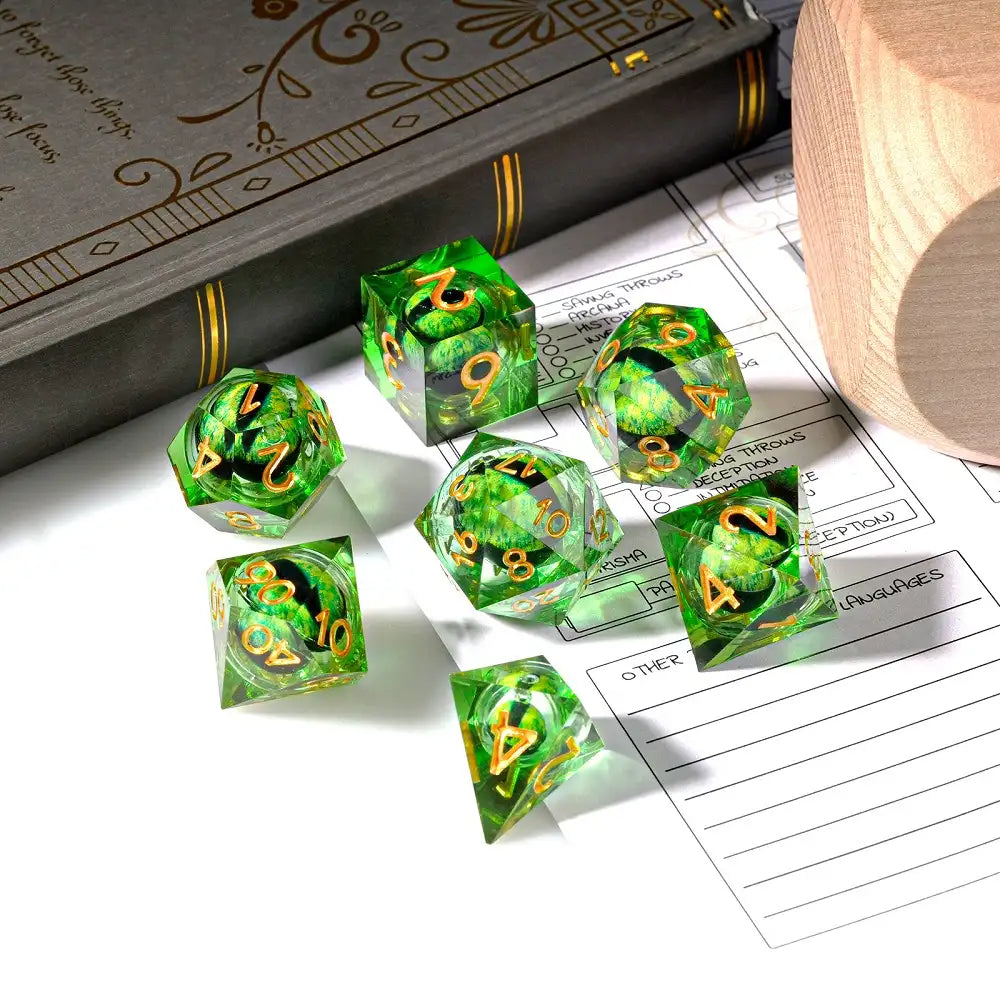 Green Sharp Edge Liquid Core Dragon Eye Resin DND Dice Set+ Gold Font | Bear Dice