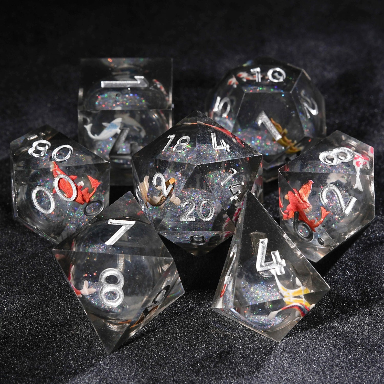 Undersea Quicksand Goldfish DND Black Resin Liquid Core Dice Set | Bear Dice