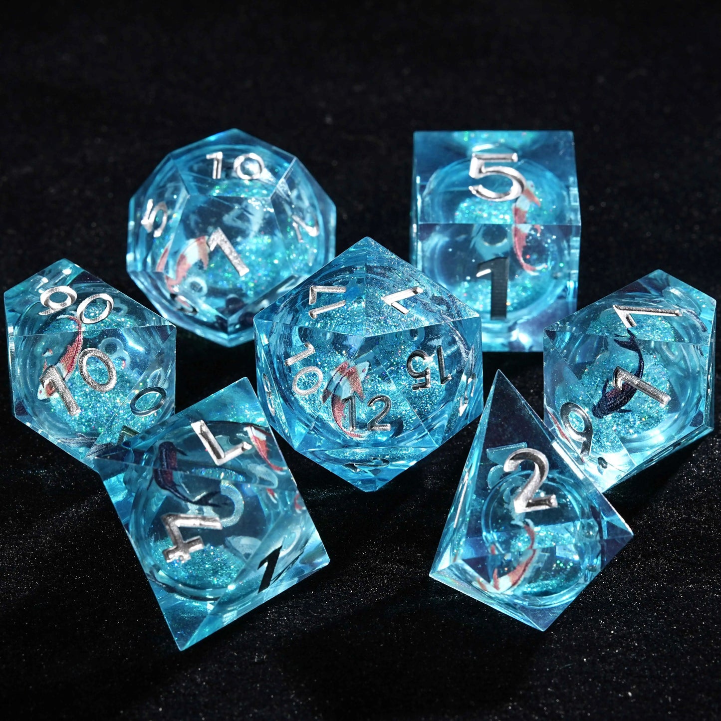 Goldfish Genie - Blue Liquid Core Resin dnd Dice Set + Silver Numbers | Bear Dice