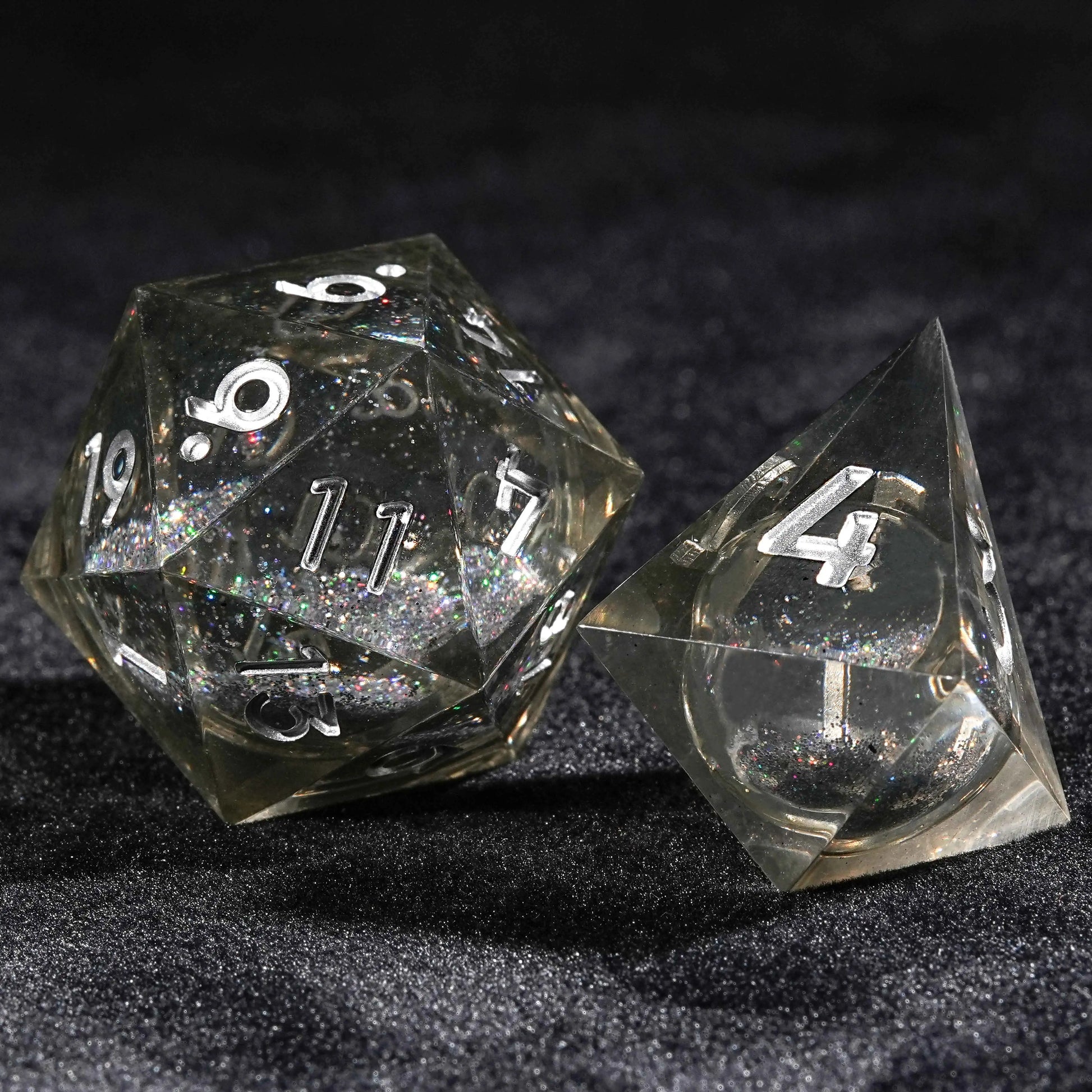 Gray Transparent Color Liquid Core Resin DND D20 Dice + D4 Dice+ Silver Numbers | Bear Dice