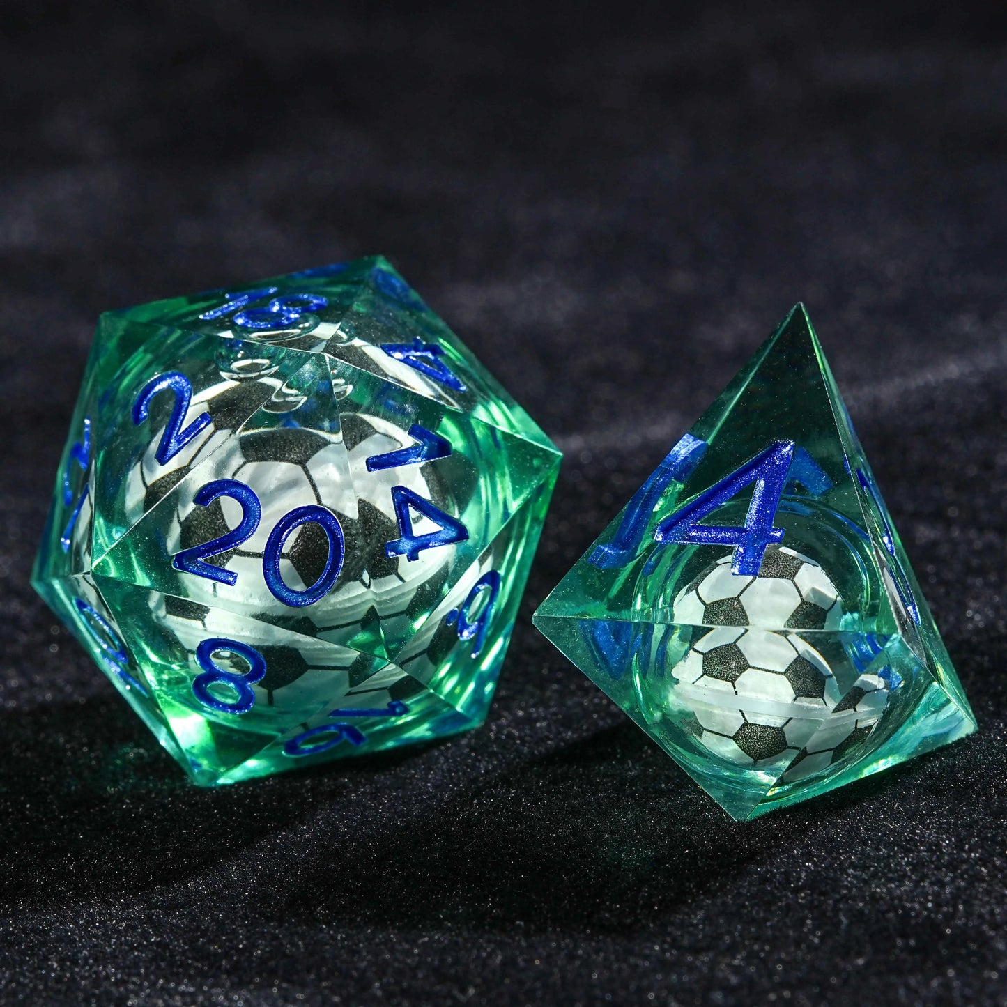 Soccer Core Resin DND D20 Dice + D4 Dice+  Blue Font | Bear Dice