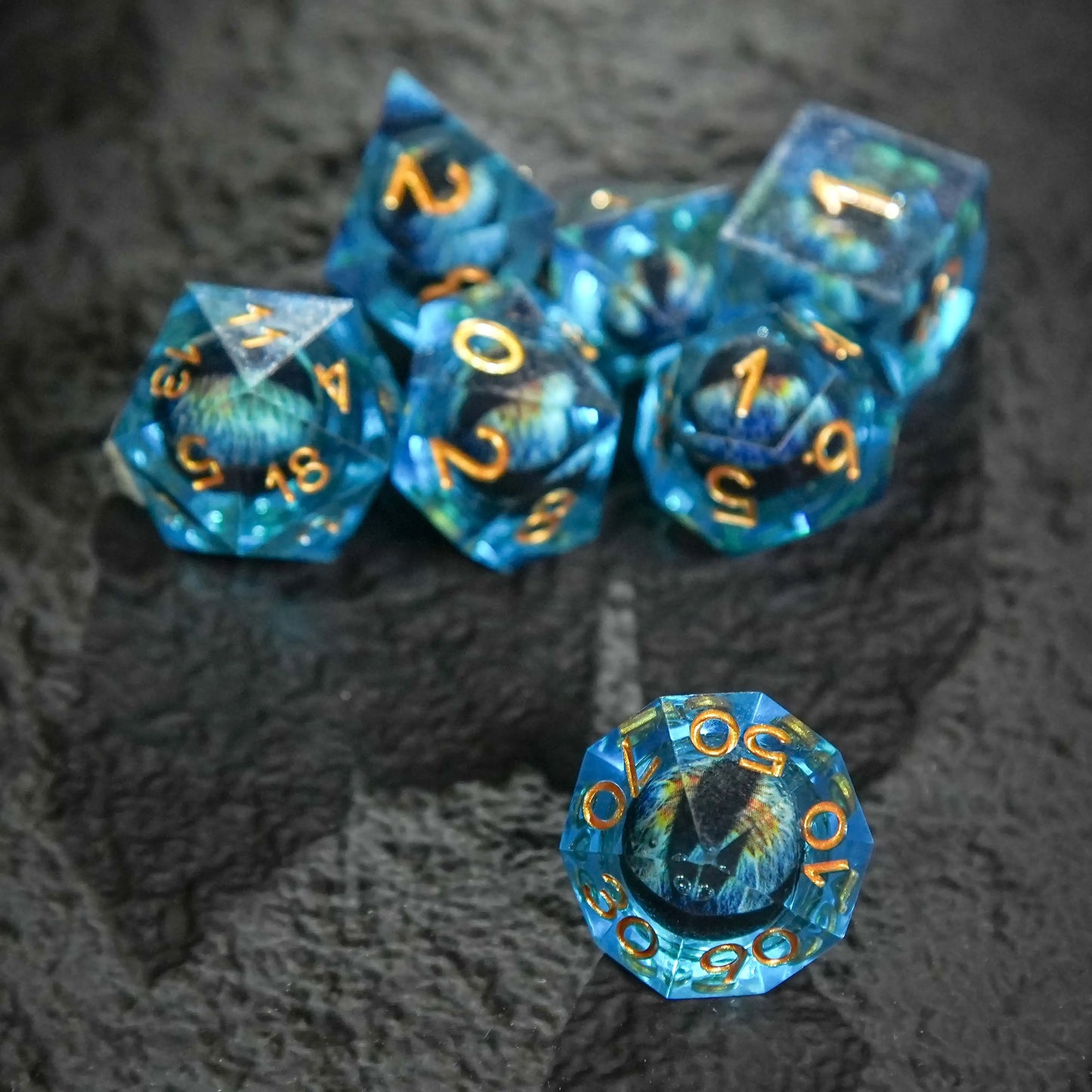 Blue Dragon's Eye Liquid Core Resin DND D20 Dice + Gold Numbers | Bear Dice