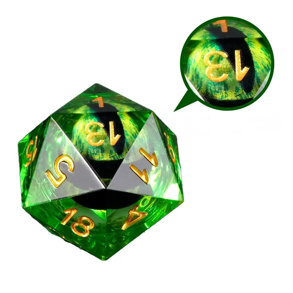 Green Sharp Edge Liquid Core Dragon Eye Resin DND D20 Dice + Gold Font | Bear Dice