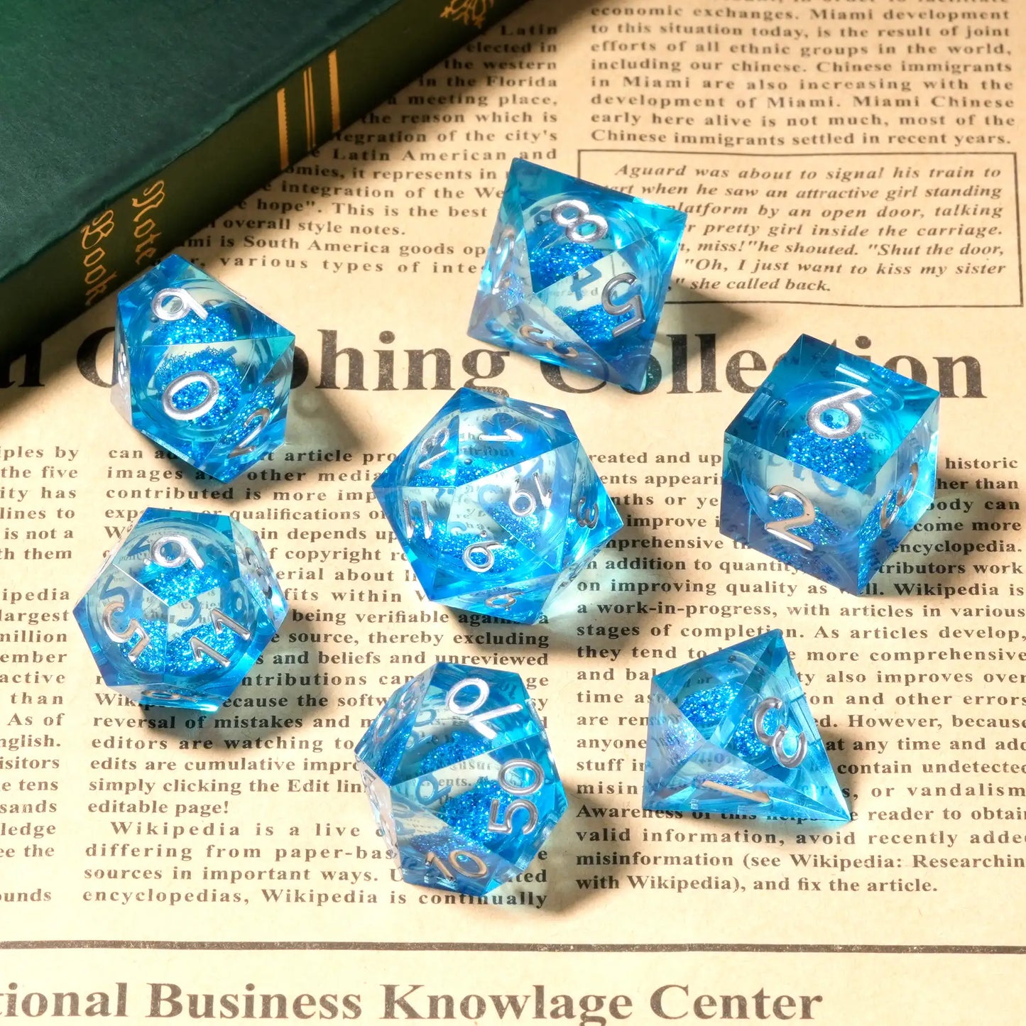 Ocean Theme - Liquid Core Resin DND Dice Set + Silver Font | Bear Dice