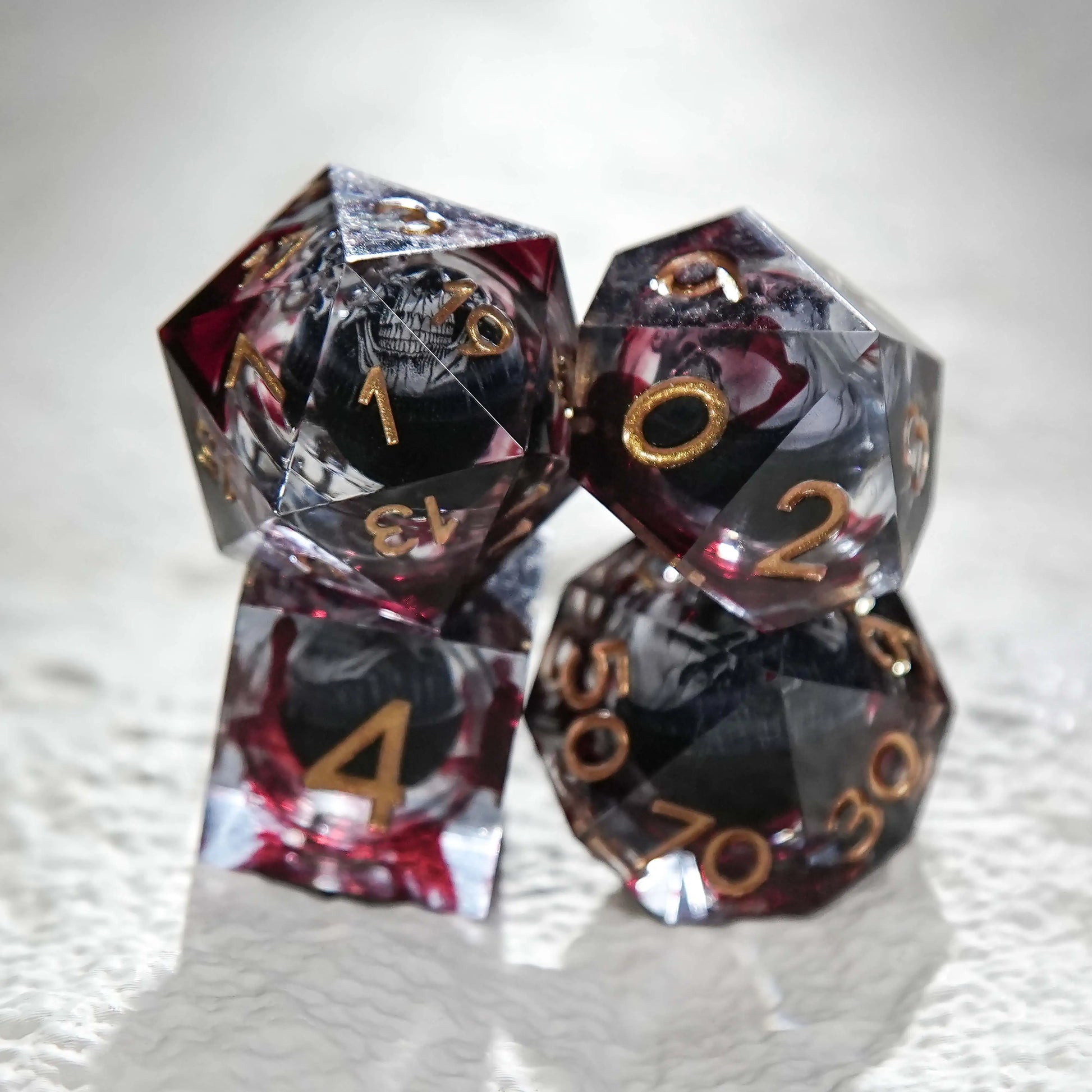 Blood Red Skull Core Resin DND D6 Dice + D10 Dice + D% Dice +D20 Dice + Gold Font | Bear Dice