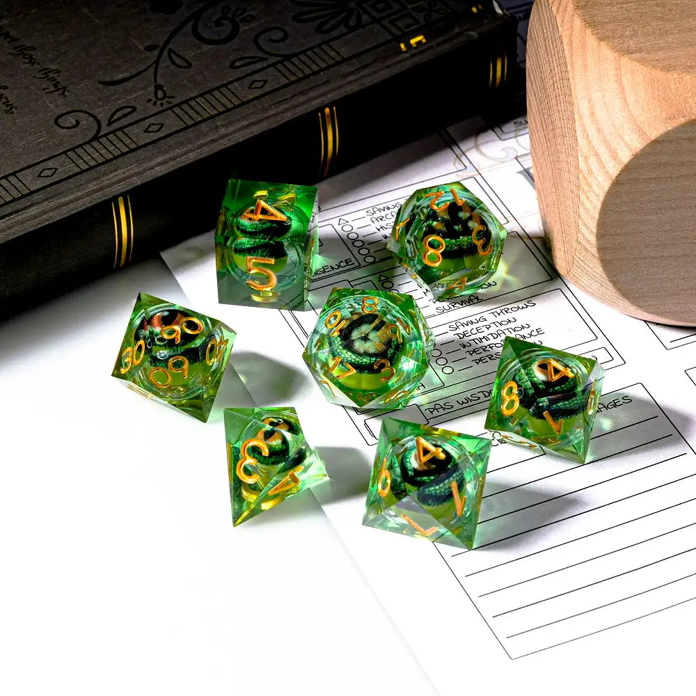 Fierce Crocodile Eyes Liquid Core Resin DND Dice Set + Gold Lettering | Bear Dice