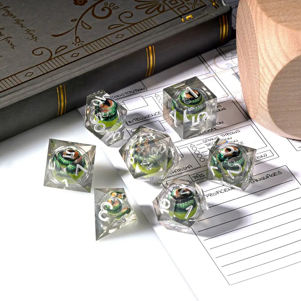 Green Crocodile Eye Core Resin DND Dice Set + Silver Font Transparency | Bear Dice