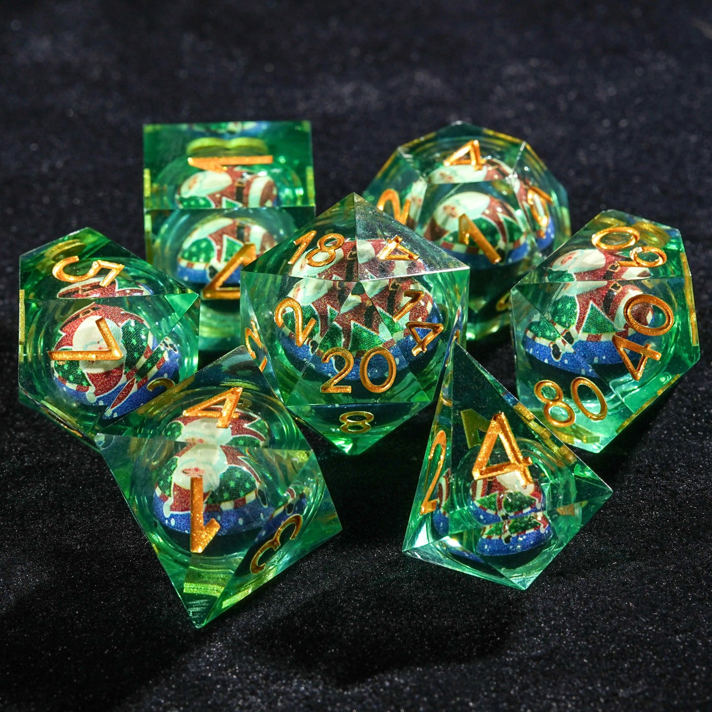 Night of Carnival - Green Resin Christmas Kernel Dice Set + Gold Font | Bear Dice