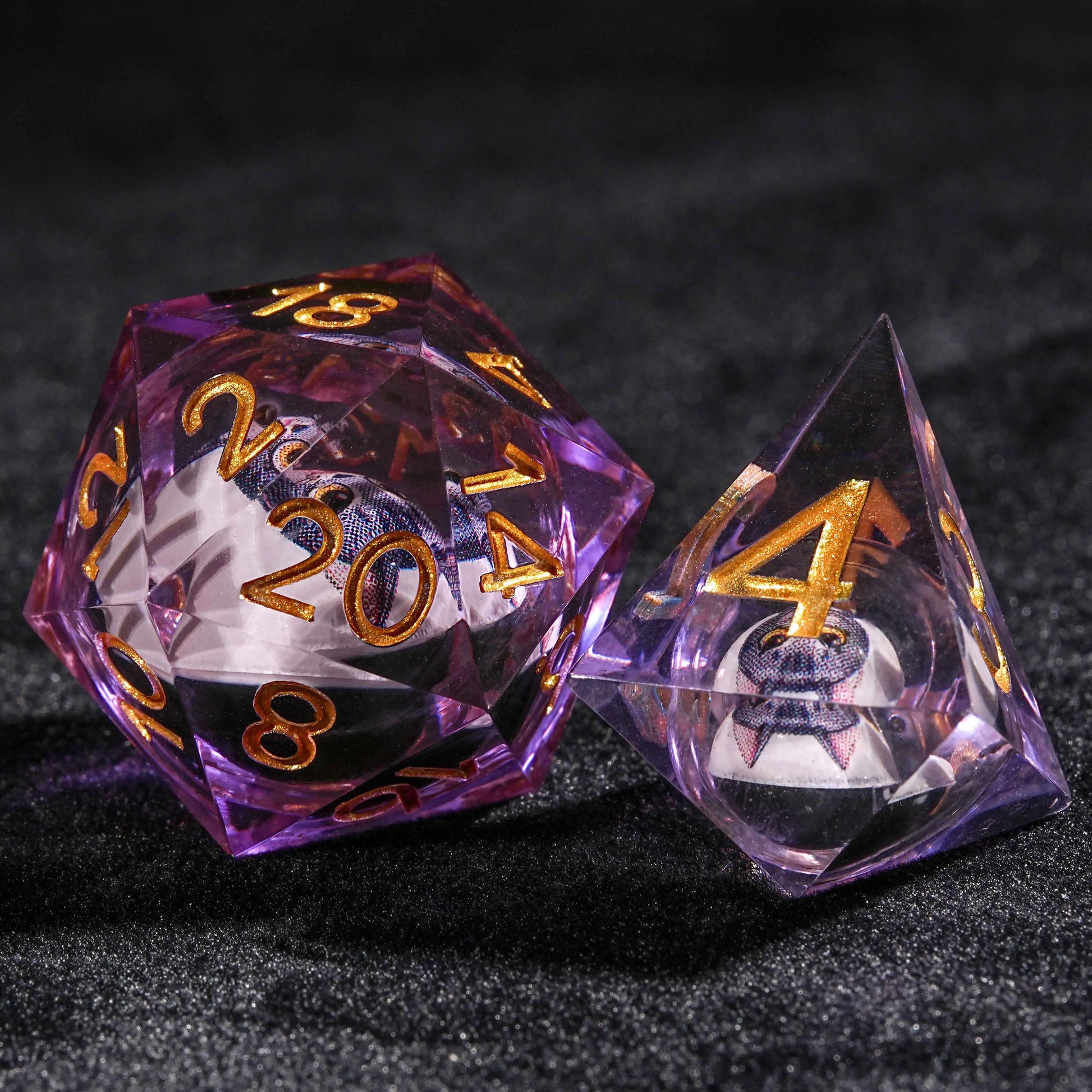 D&D Cat Liquid Core Purple Resin D20 Dice + D4 Dice| Bear Dice